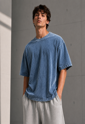 ASİT YIKAMA T-SHIRT - MAVİ